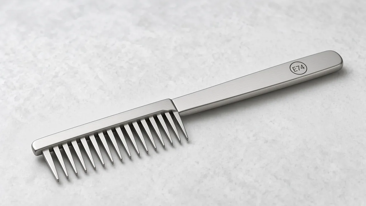 Dematting comb with the E74 ring mark etched on the handle