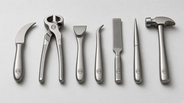 Farrier 7-piece kit with the E74 ring mark etched on each tool