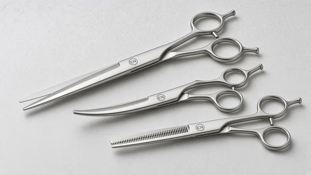 Grooming scissor set with the E74 ring mark etched on each pair